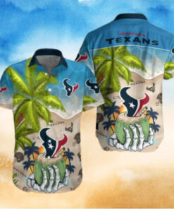 The **Tropical Touchdown Texans Hawaiian Shirt** features a vibrant palm and helmet design, combining a tropical vibe with team pride. A perfect shirt for Houston Texans fans to enjoy game day in a laid-back, stylish way!