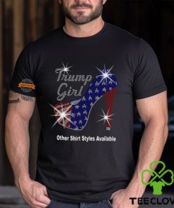 Trump Girl with Patriotic American Flag High Heel Stiletto RHINESTONE Mega Bling Shirt, MEGA Trump 47, Take Back America, I Stand With Trump