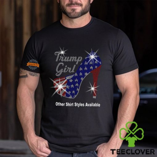Trump Girl with Patriotic American Flag High Heel Stiletto RHINESTONE Mega Bling Shirt, MEGA Trump 47, Take Back America, I Stand With Trump