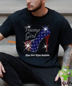 Trump Girl with Patriotic American Flag High Heel Stiletto RHINESTONE Mega Bling Shirt, MEGA Trump 47, Take Back America, I Stand With Trump