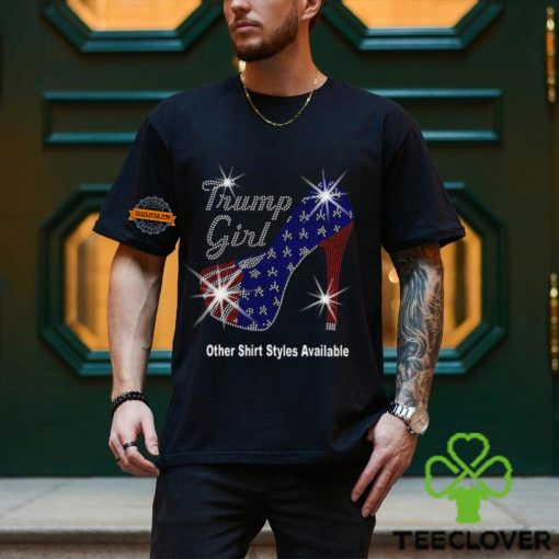 Trump Girl with Patriotic American Flag High Heel Stiletto RHINESTONE Mega Bling Shirt, MEGA Trump 47, Take Back America, I Stand With Trump