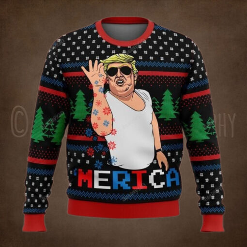 Trump Merica Funny Christmas Sweater – Unisex Funny Winter Holiday Ugly Christmas Sweater