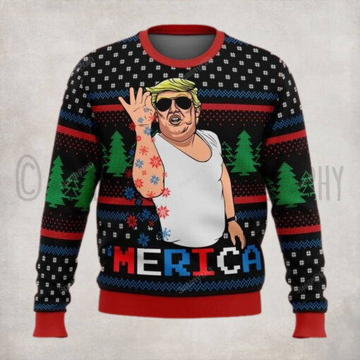 Trump Merica Funny Christmas Sweater – Unisex Funny Winter Holiday Ugly Christmas Sweater