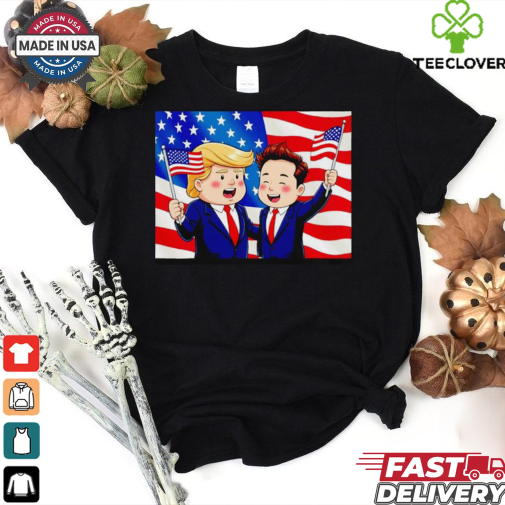 Trump and Elon Musk hand holding American flag cartoon shirt Trump and Elon Musk hand holding American flag cartoon shirt