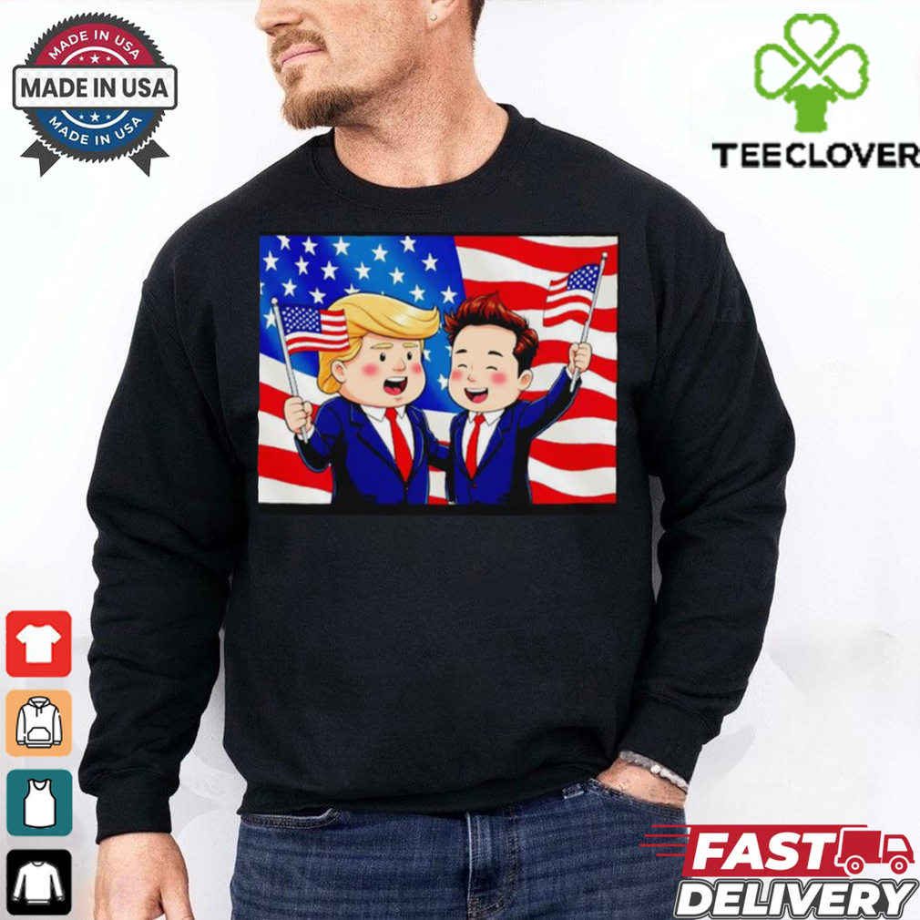 Trump and Elon Musk hand holding American flag cartoon shirt Trump and Elon Musk hand holding American flag cartoon shirt