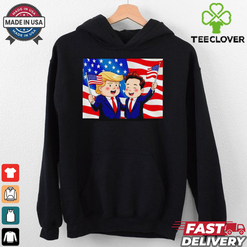 Trump and Elon Musk hand holding American flag cartoon shirt Trump and Elon Musk hand holding American flag cartoon shirt