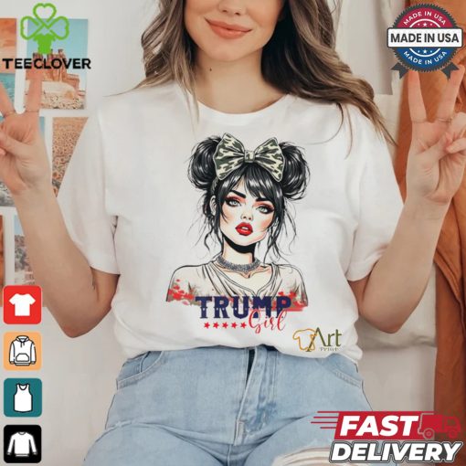 Trump girl messy bun Trump 2024 election American flag shirt