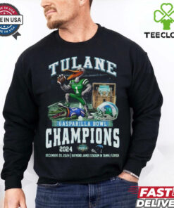 Tulane Green Wave Gasparilla Bowl Champions 2024 Waving Mascot shirt featuring the team's mascot in a celebratory design.