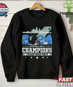 Tulane Green Wave Gasparilla Bowl Champions 2024 Waving Skyline shirt with a celebratory design featuring the team logo and a skyline backdrop.