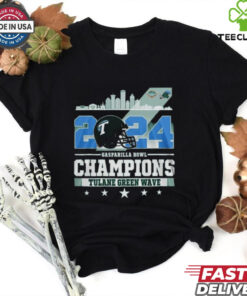Tulane Green Wave Gasparilla Bowl Champions 2024 Waving Skyline shirt with a celebratory design featuring the team logo and a skyline backdrop.