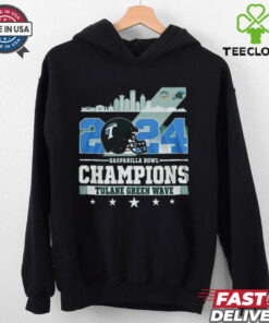 Tulane Green Wave Gasparilla Bowl Champions 2024 Waving Skyline shirt with a celebratory design featuring the team logo and a skyline backdrop.