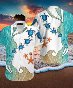 Turtle Beach Starfish Blue And White Aloha Hawaiian Shirt