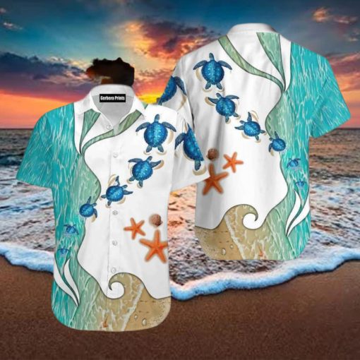 Turtle Beach Starfish Blue And White Aloha Hawaiian Shirt