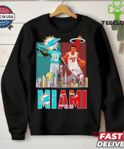 Tyreek Hill and Jimmy Butler Miami Sports Teams Skyline City Signatures Shirt with a dynamic design featuring both athletes’ signatures alongside the Miami city skyline, perfect for fans of both the Dolphins and Heat.
