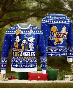 Cheap Mickey And Snoopy Los Angeles Dodgers Ugly Christmas Sweater 3D Printed Men And Women Holiday Gift