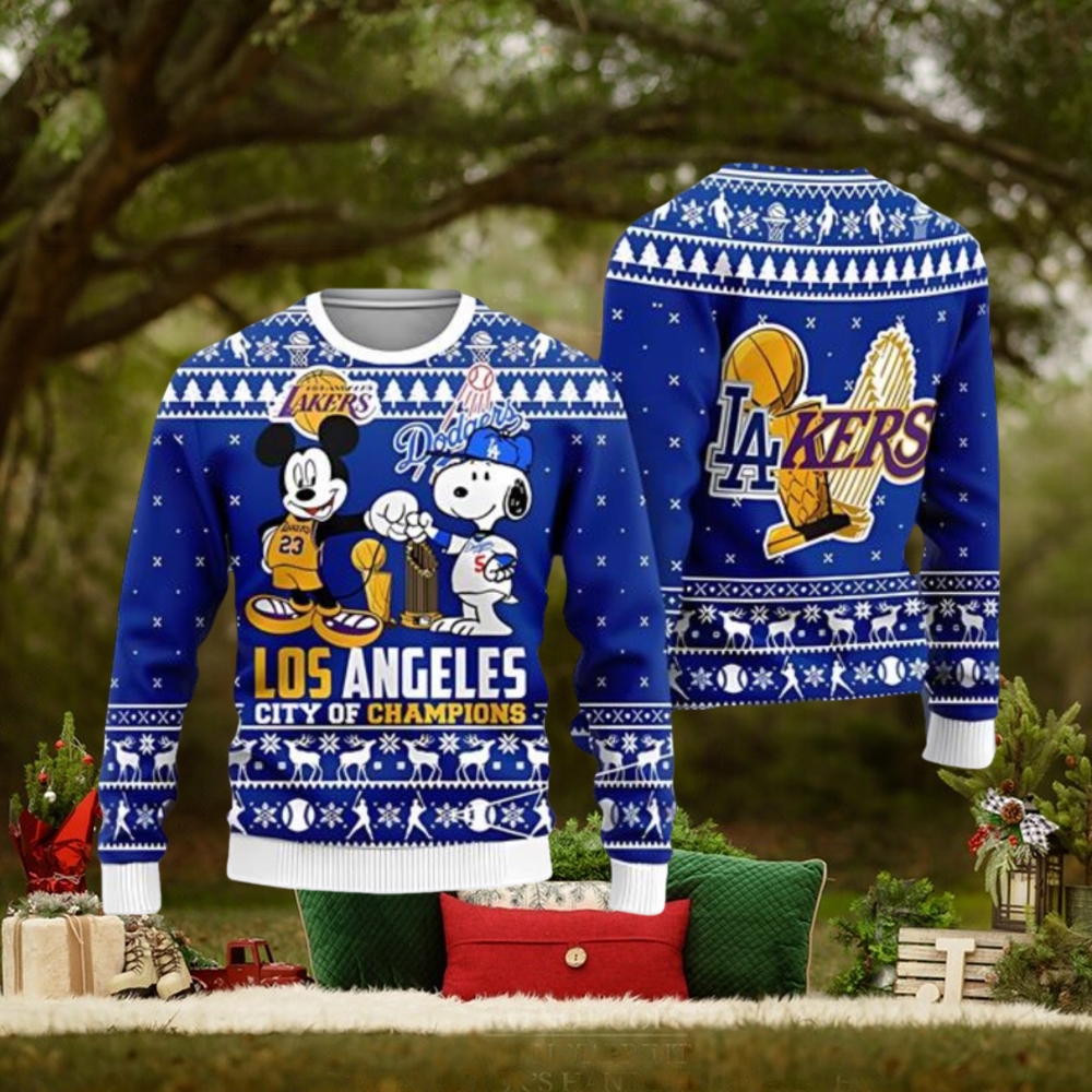 Cheap Mickey And Snoopy Los Angeles Dodgers Ugly Christmas Sweater 3D Printed Men And Women Holiday Gift