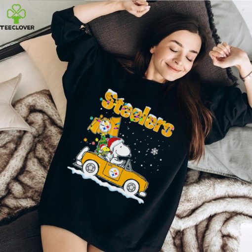 Happy Merry Christmas Snoopy drive a car Pittsburgh Steelers logo flag gift hoodie, sweater, longsleeve, shirt v-neck, t-shirt