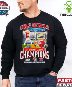UNLV Rebels 2024 Art of Sport LA Bowl Champions Mascot Unisex T-shirt featuring the team mascot and celebratory championship graphics.