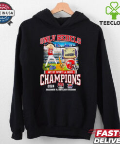 UNLV Rebels 2024 Art of Sport LA Bowl Champions Mascot Unisex T-shirt featuring the team mascot and celebratory championship graphics.