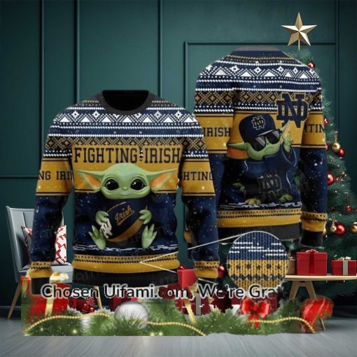 Ugly Sweater Notre Dame Baby Yoda Best Notre Dame Gifts