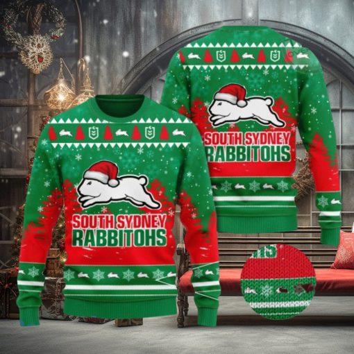 South Sydney Rabbitohs Logo Wearing Santa Hat 3D Ugly Christmas Sweater Christmas Gift Men And Women 2023 Sweater
