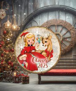 Unbreakable Retro Reindeer with girl Christmas card ornament. Vintage style holiday decorations. Baby deer ornaments for toddlers MA 1339