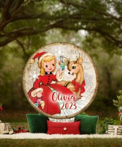 Unbreakable Retro Reindeer with girl Christmas card ornament. Vintage style holiday decorations. Baby deer ornaments for toddlers MA 1339