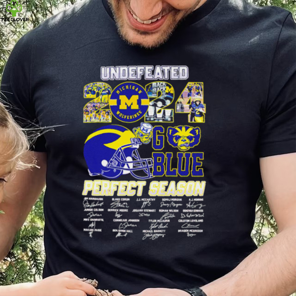 Undefeated 2024 Michigan Wolverines go blue perfect season signatures helmet logo shirt