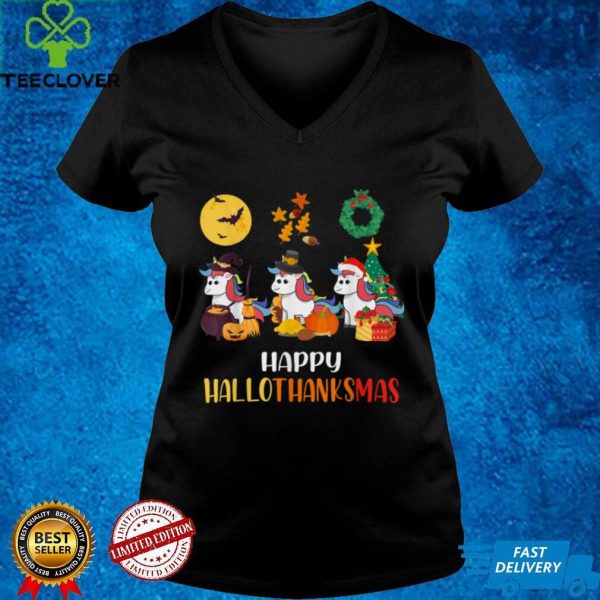 Unicorn Halloween And Merry Christmas Happy Hallothanksmas T Shirt