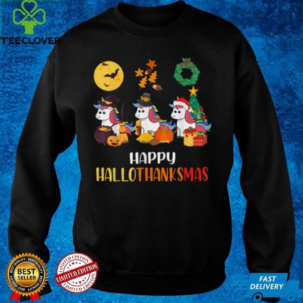 Unicorn Halloween And Merry Christmas Happy Hallothanksmas T Shirt