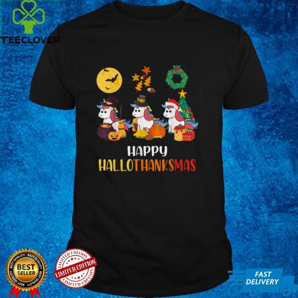 Unicorn Halloween And Merry Christmas Happy Hallothanksmas T Shirt