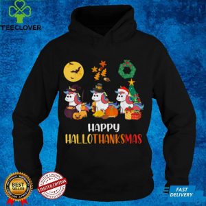 Unicorn Halloween And Merry Christmas Happy Hallothanksmas T Shirt