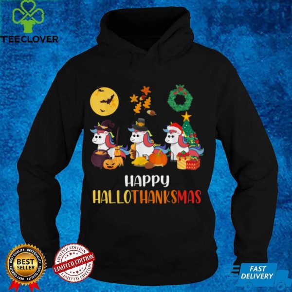 Unicorn Halloween And Merry Christmas Happy Hallothanksmas T Shirt