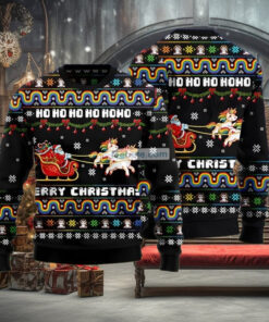 Unicorn Pulling Santa Sleigh Black Matching Christmas Sweaters