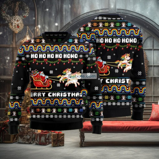 Unicorn Pulling Santa Sleigh Black Matching Christmas Sweaters