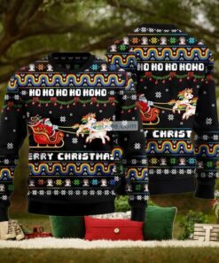 Unicorn Pulling Santa Sleigh Black Matching Christmas Sweaters