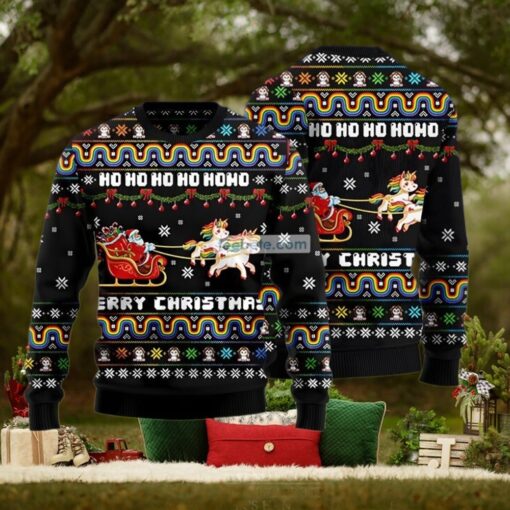 Unicorn Pulling Santa Sleigh Black Matching Christmas Sweaters