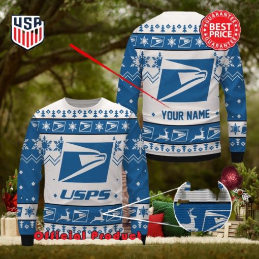 Usps Custom Name White Design Logo Snowflake Ugly Christmas Sweater