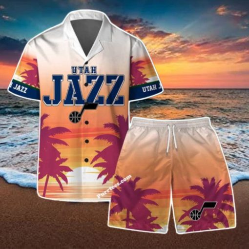 Utah Jazz Team Logo Pattern Sunset Tropical Hawaiian Shirt & Short