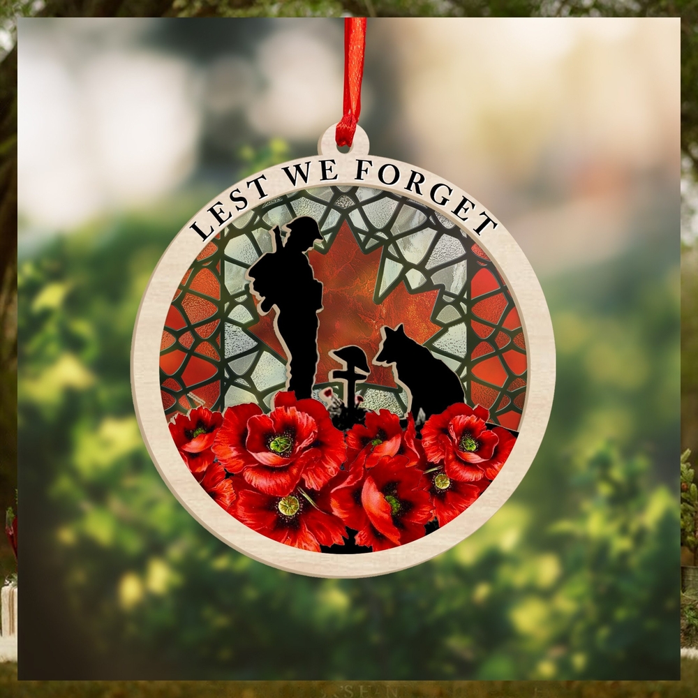 Veteran Poppy Lest We Forget Suncatcher Ornament Soldier And Dog Memorial Christmas Ornaments Veteran Poppy Lest We Forget Suncatcher Ornament Soldier And Dog Memorial Christmas Ornaments