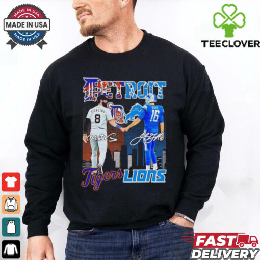 Vierling Detroit Tigers and Goff Detroit Lions city skyline signatures shirt