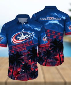 Vintage Aloha NHL Columbus Blue Jackets Hawaiian Shirt Palm Trees Pattern Hockey Fans Gift