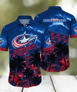 Vintage Aloha NHL Columbus Blue Jackets Hawaiian Shirt Palm Trees Pattern Hockey Fans Gift