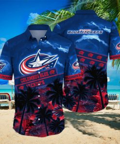 Vintage Aloha NHL Columbus Blue Jackets Hawaiian Shirt Palm Trees Pattern Hockey Fans Gift