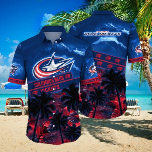 Vintage Aloha NHL Columbus Blue Jackets Hawaiian Shirt Palm Trees Pattern Hockey Fans Gift
