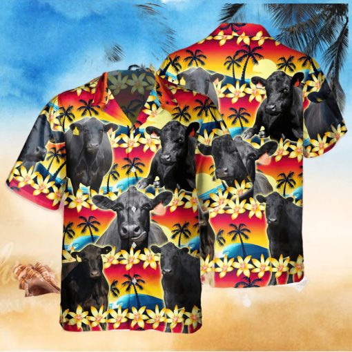 Vintage Black Angus Tropical Sunset Hibiscus And Palm Tree All Over Printed 3D Hawaiian Shirt