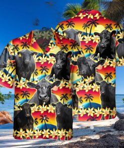 Vintage Black Angus Tropical Sunset Hibiscus And Palm Tree All Over Printed 3D Hawaiian Shirt
