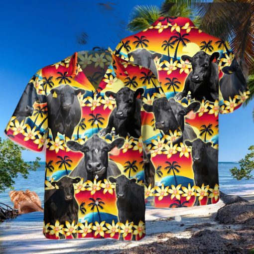 Vintage Black Angus Tropical Sunset Hibiscus And Palm Tree All Over Printed 3D Hawaiian Shirt