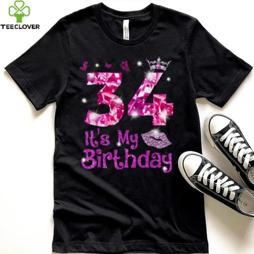 Vintage Happy 34 It’s My Birthday Crown Lips 34th Birthday Shirt