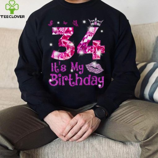 Vintage Happy 34 It’s My Birthday Crown Lips 34th Birthday Shirt